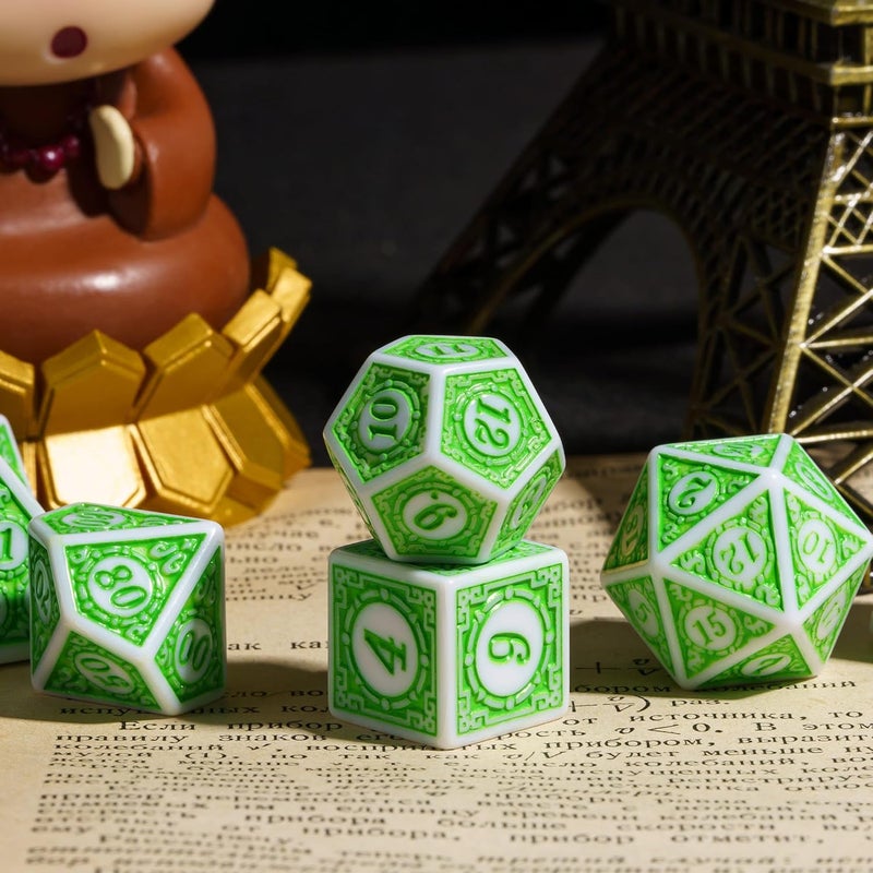 Poludie 7PCs DND Dice Set, Unique Window Lattice Pattern D&D Dice Set with Leather Die Bag, Polyhedral Die for RPG Table Games (Green/White) - Image 3